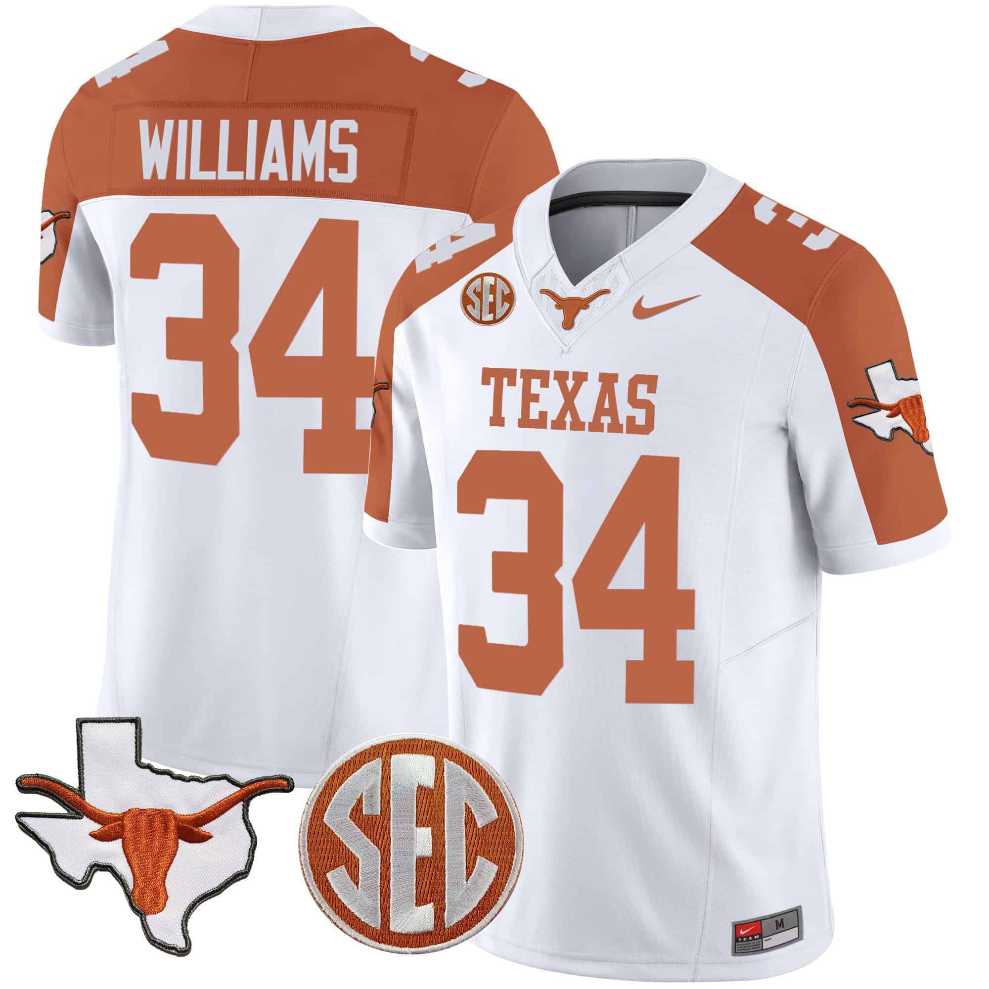 Men Texas Longhorns #34 Williams White 2024 Nike State Map & SEC Patch Vapor NCAA Jersey style 1->indianapolis colts->NFL Jersey